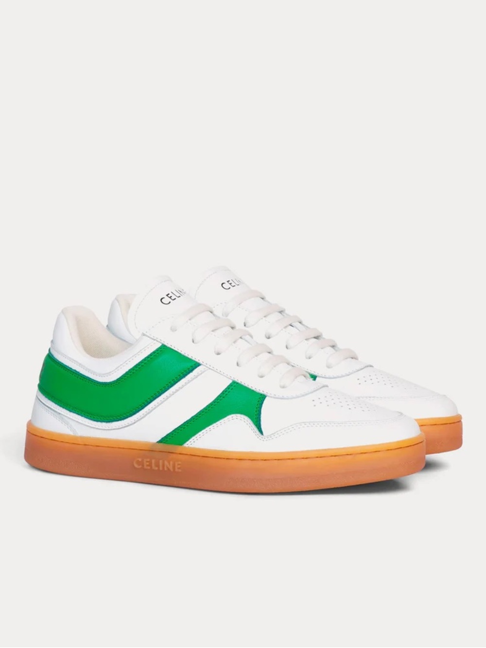 NWT Celine Low Top Calfskin Sneakers in White/Green and Gum Sole - Size EU 40